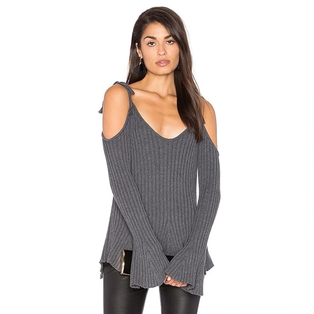 LPA Revolve Tassel Tie Cold Shoulder Ribbed Gray Sweater 223